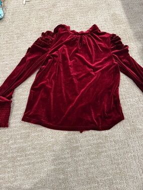 Velvet Ruffle-Sleeve Long Sleeve Top - Deep Red